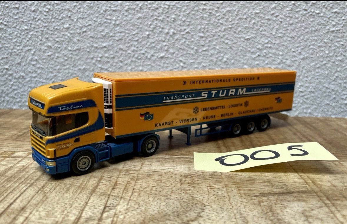 005 Herpa Scania 164 V8 topline Spedition Sturm koeloplegger, Ophalen of Verzenden, Zo goed als nieuw, Bus of Vrachtwagen, Herpa