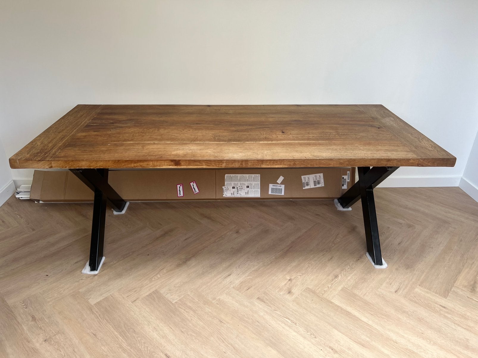 Massief eiken tafel 220 x 95, Ophalen, Gebruikt, Eikenhout, 200 cm of meer