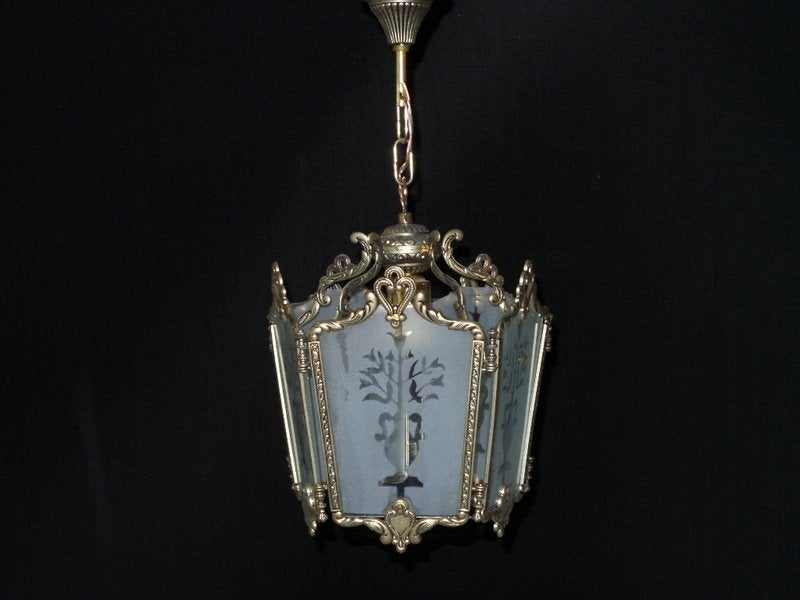 Oude lantaarn met zilver vernikkeld frame en 5 facetgeslepen, Ophalen of Verzenden, Gebruikt, E27 (groot)