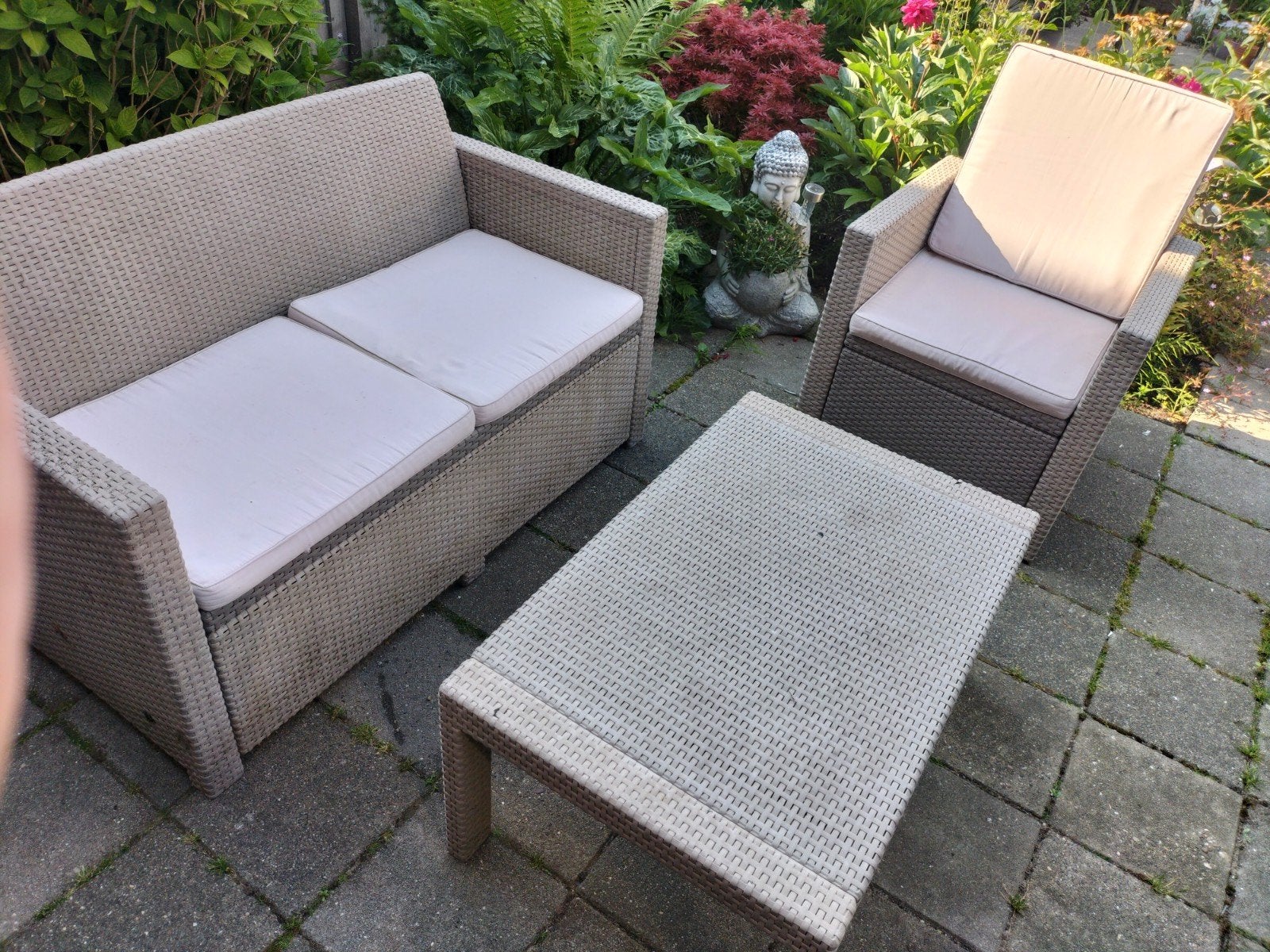 Loungeset met 2-zitsbank, fauteuil en salontafel, Tuin en Terras, Tuinsets en Loungesets, Ophalen, Gebruikt, 3 zitplaatsen, Bank