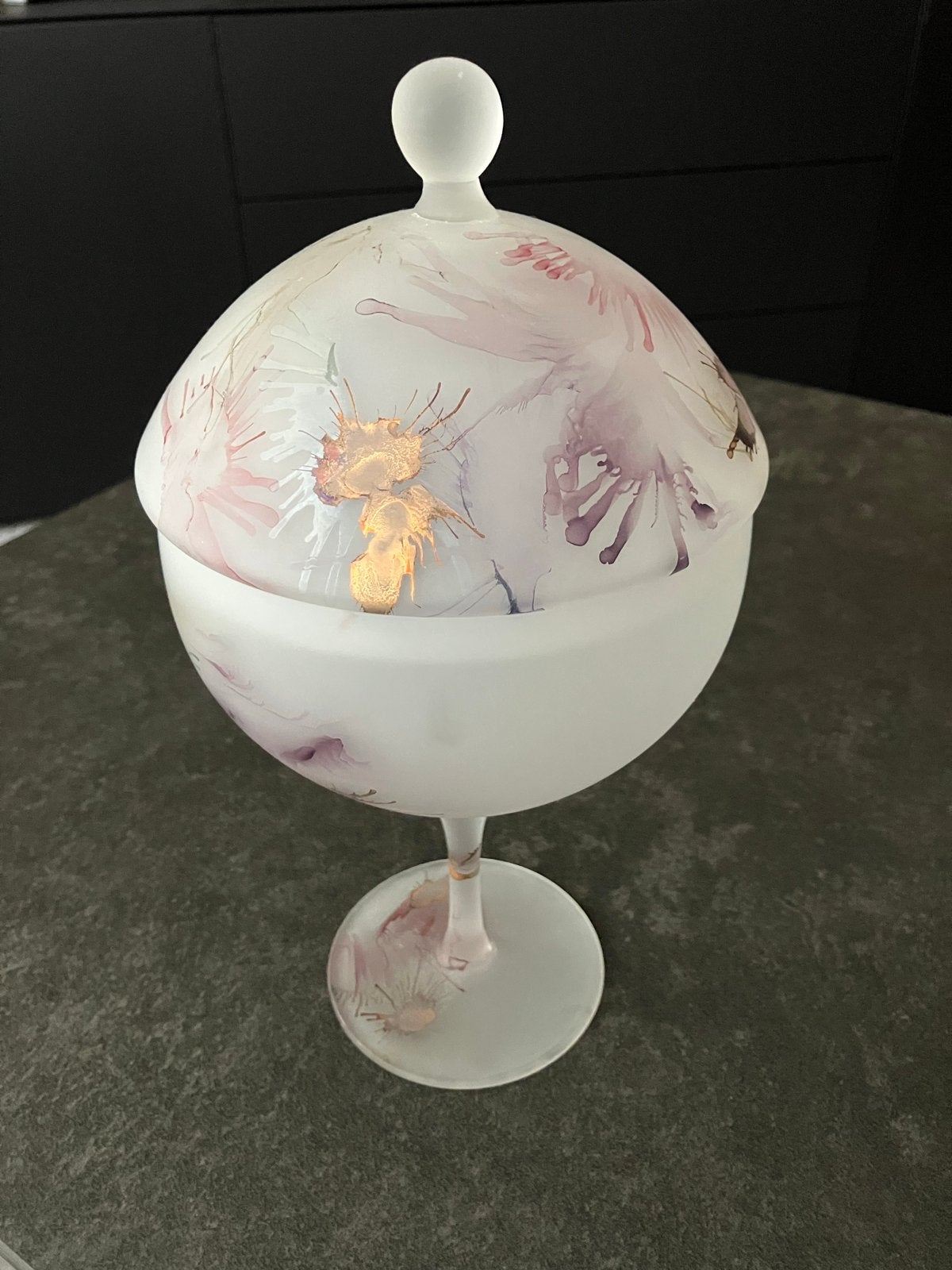 Decoratieve glazen pot met deksel - Roze/Goud, Antiek en Kunst, Ophalen