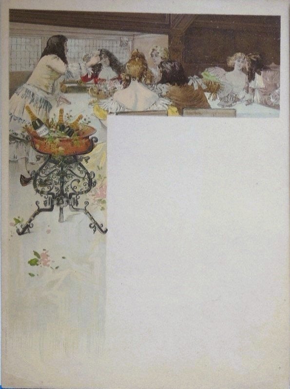 Courmont Frères litho "Tafelscene met Champagnekoeler", Antiek en Kunst, Origineel, Lithografie, Ophalen, Personages en Fantasiefiguren