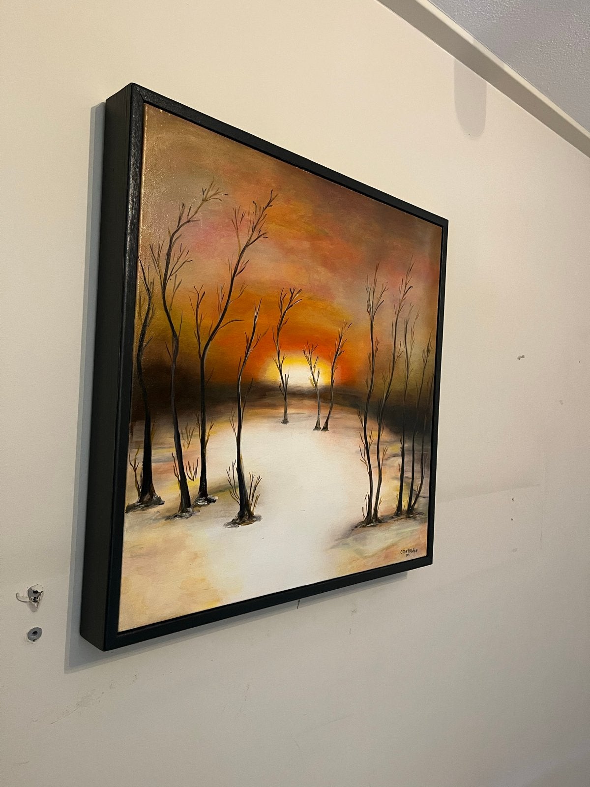 Schilderij: Ondergaande Zon in Winterlandschap, Antiek en Kunst, Ophalen of Verzenden