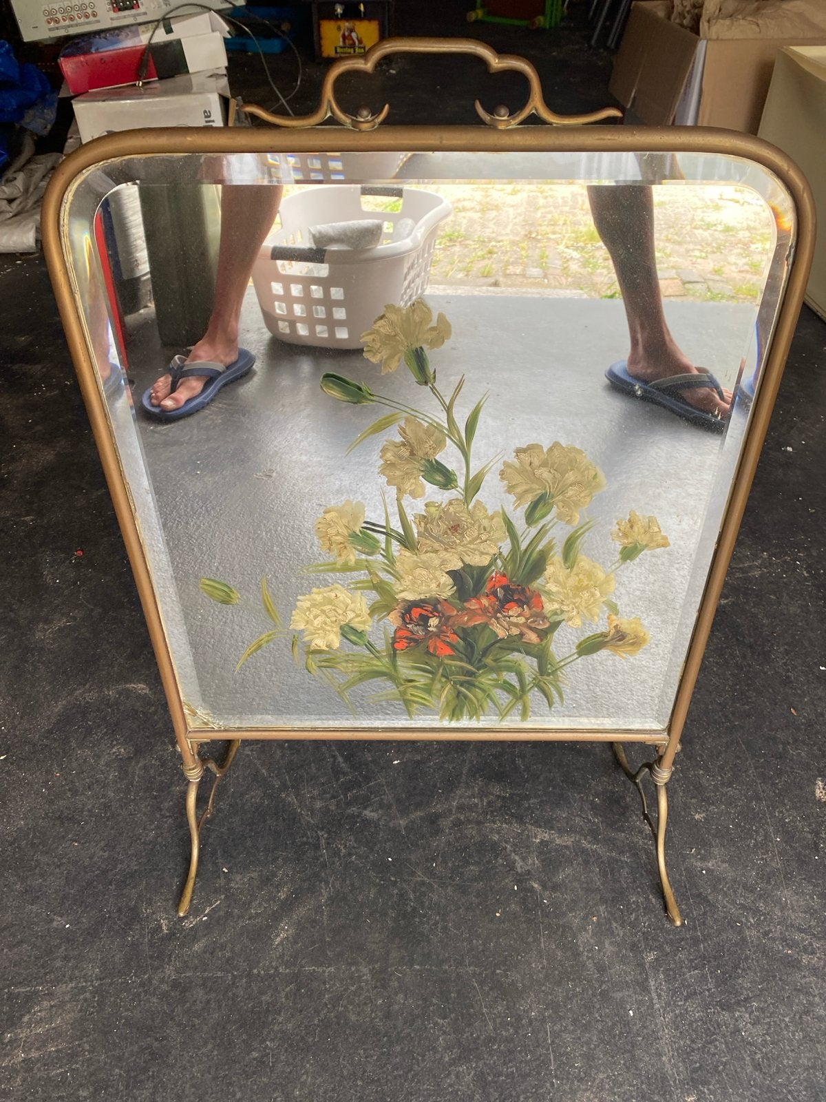 Vintage messing haardscherm met bloemmotief, Ophalen of Verzenden, Overige vormen, Minder dan 50 cm, Minder dan 100 cm