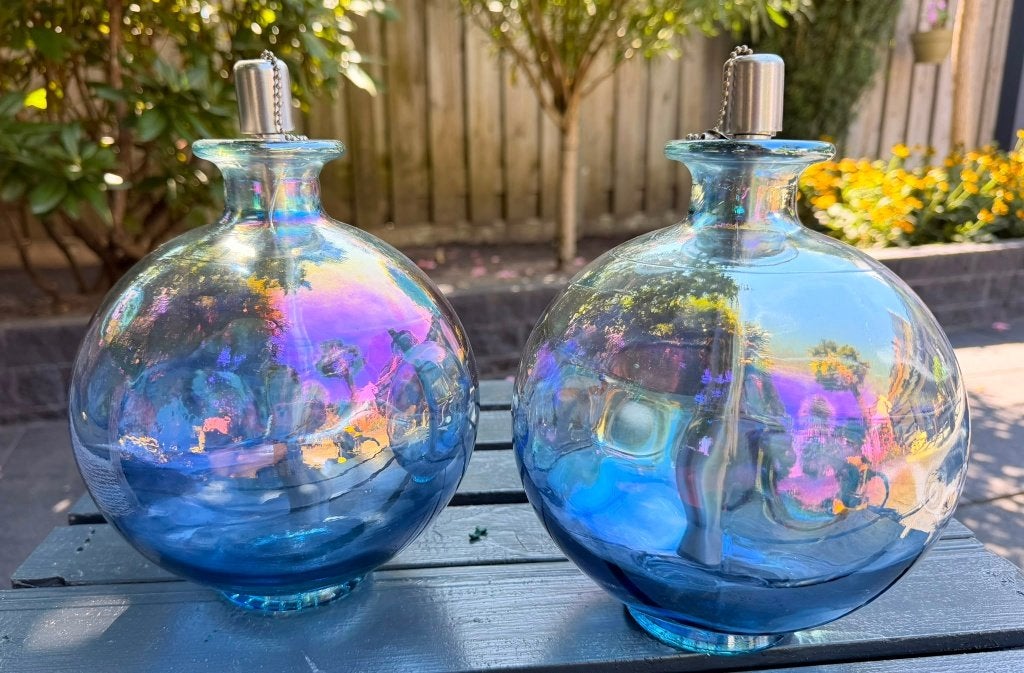 Set van 2 glazen olielampen / sfeerlampen, Blauw, Overige typen, Ophalen of Verzenden, Glas