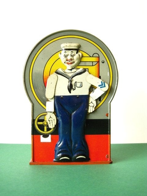 Mechanische blikken spaarpot saluting sailor 1920, Verzamelen, Gebruikt, Ophalen of Verzenden, Metaal of Blik, Xxx