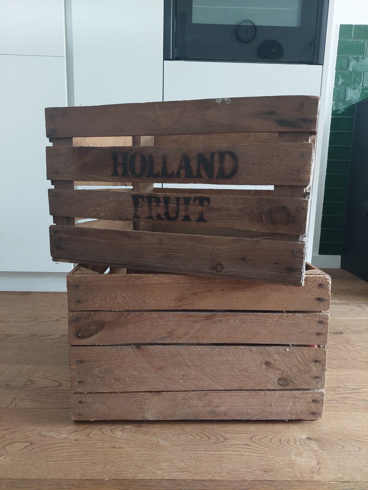3x Vintage Houten Fruitkisten 'Holland Fruit' - Decoratief, Huis en Inrichting, Woonaccessoires | Kisten, Ophalen, Gebruikt, 50 tot 100 cm
