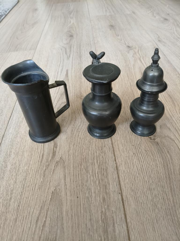 Antiek tinnen set van 3 stuks, gemerkt H.A., Ophalen of Verzenden