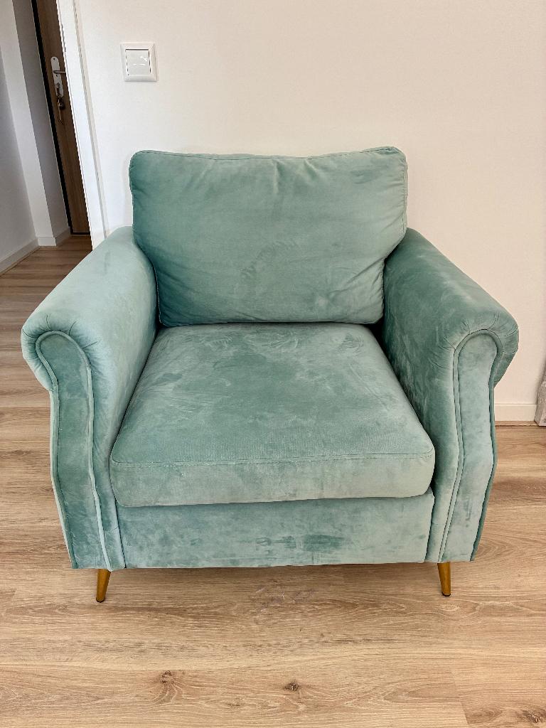 Fauteuil stoel lichtblauw/staalblauw Z.G.A.N., Ophalen, Gebruikt, 75 tot 100 cm, 75 tot 100 cm