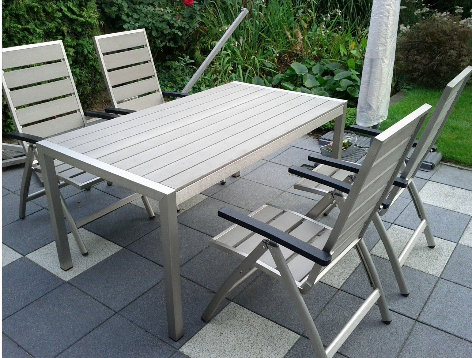 Polywood aluminium tuinset - 4 verstelbare stoelen en tafel, Ophalen, 4 zitplaatsen, Gebruikt, Eettafel