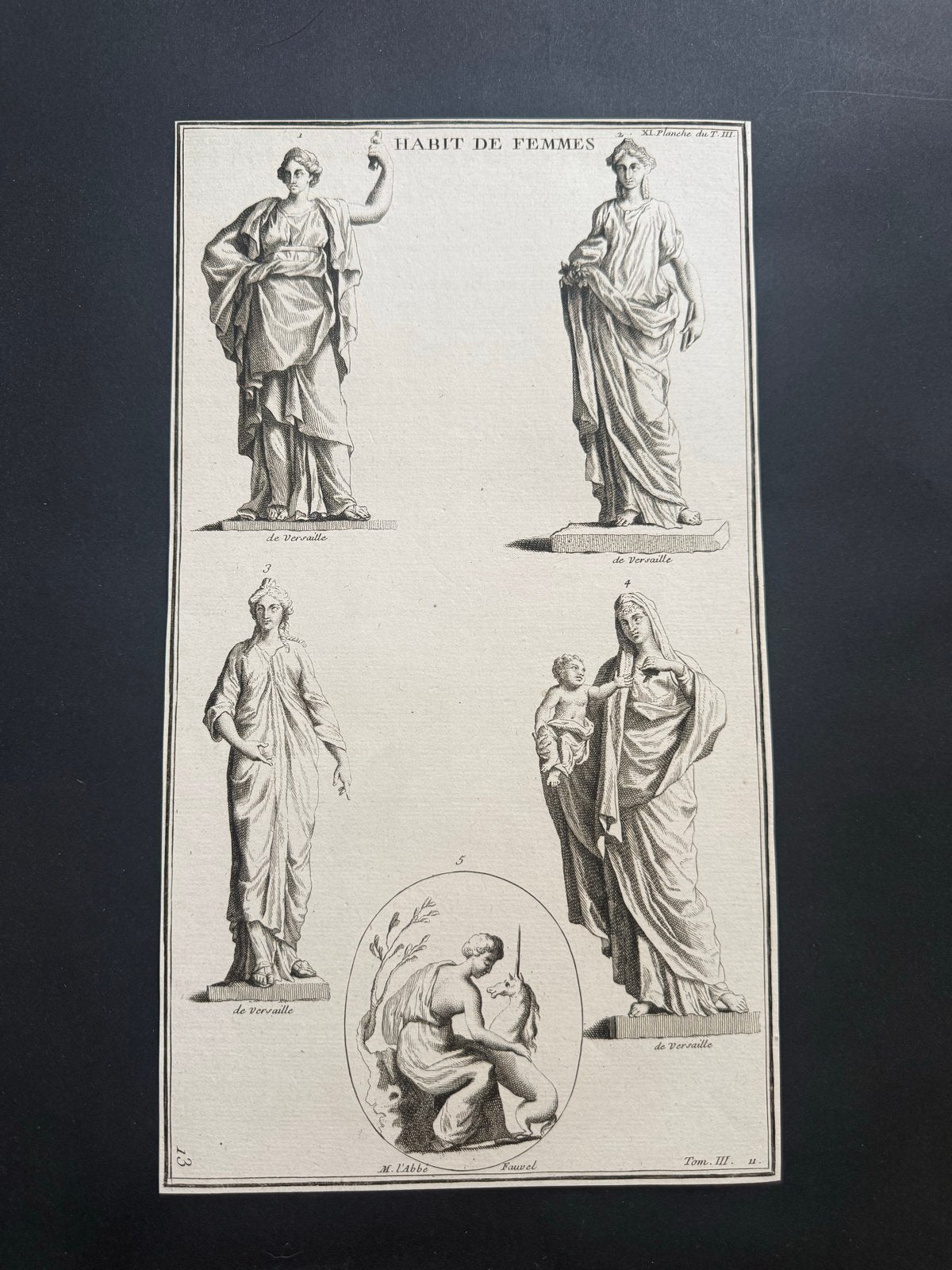Antieke Franse Gravure "Habit de Femmes" Klassieke Kleding, Mode, Ophalen of Verzenden, Gravure, Origineel