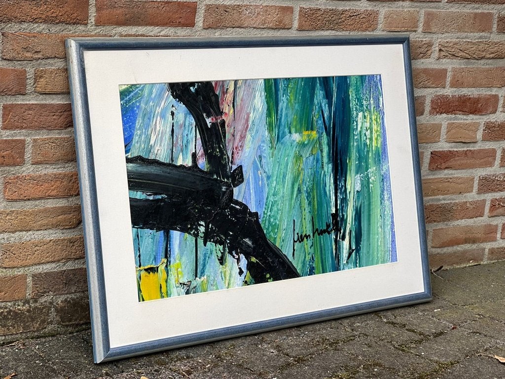 Fien Huth – abstract schilderij blauw/groen, gesigneerd, Ophalen