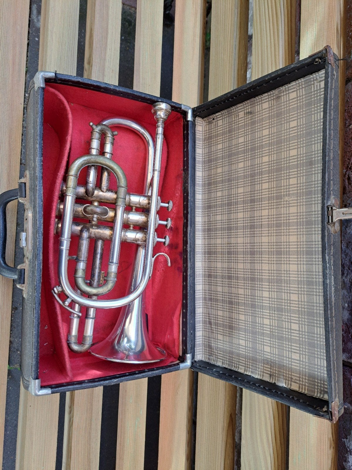 Cavendish Cornet - Zilver met koperen bochten (opknapper), Ophalen of Verzenden, Gebruikt, Overige typen, Met koffer
