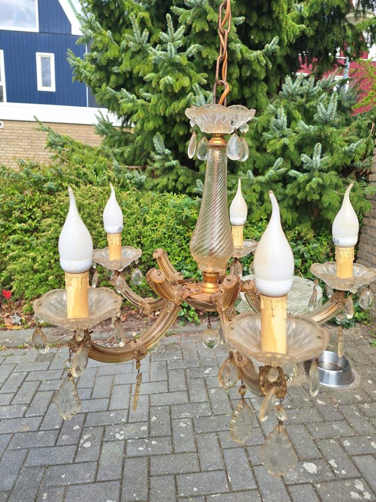 Mooie kroonluchter met 5 armen en kristallen, Ophalen of Verzenden, Zo goed als nieuw, Glas
