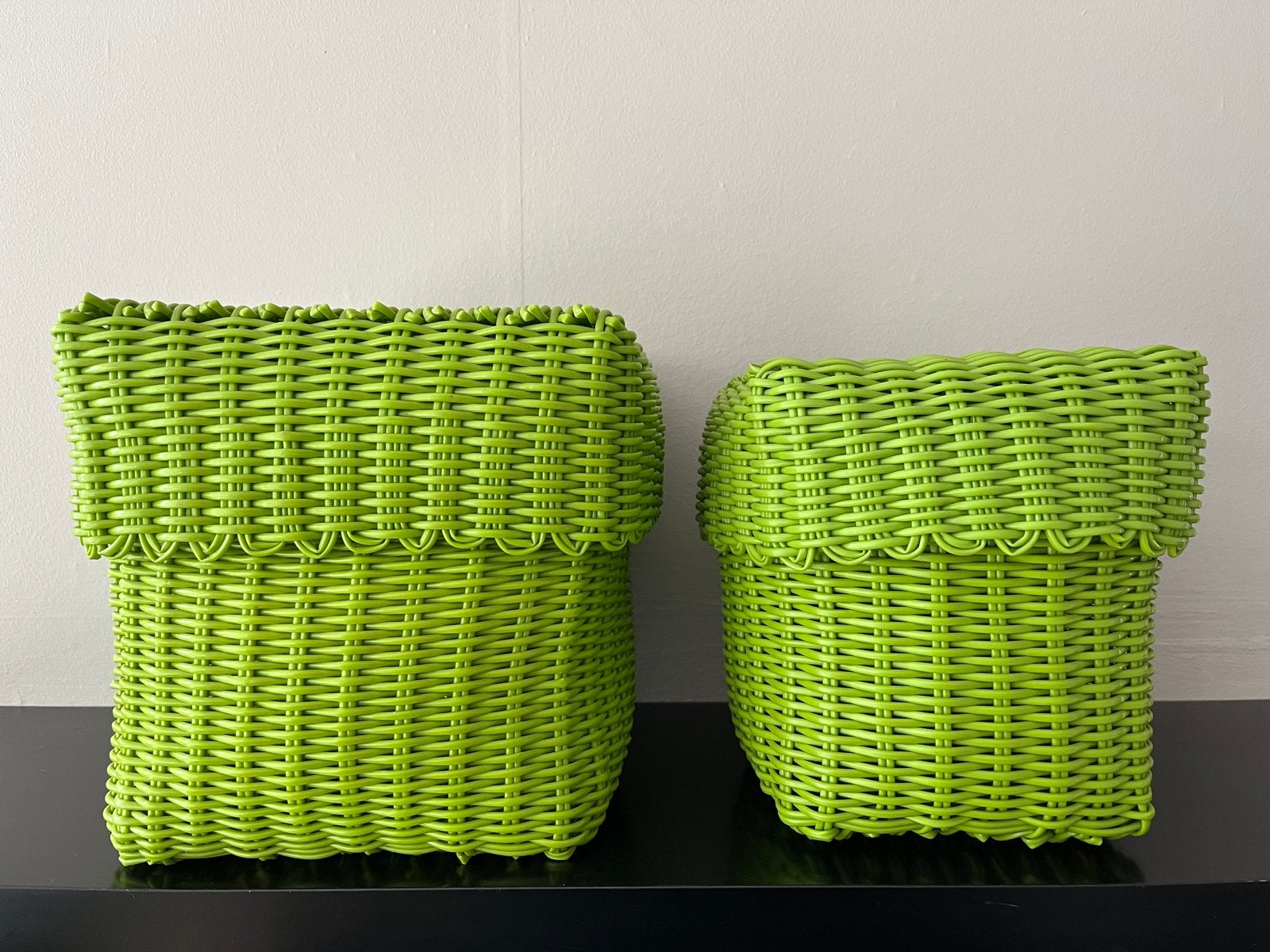 Set van 2 groene gevlochten opbergmanden met deksel, Ophalen, Kunststof, Gevlochten, Mand