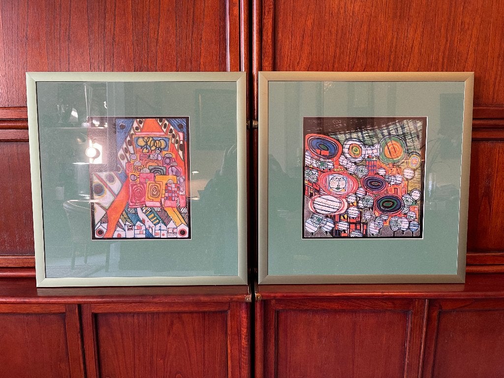 SET 2 x Abstract Kunst Litho Hundertwasser achter glas, Ophalen