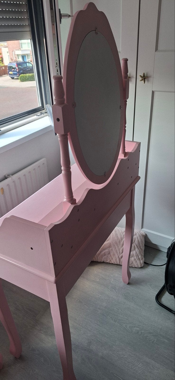 Roze kaptafel met spiegel en krukje - Gebruikt, Ophalen, Gebruikt, 100 tot 150 cm, 50 tot 100 cm