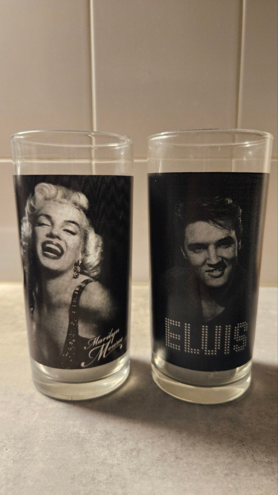 Marilyn Monroe & Elvis Presley glazen set, Ophalen, Zwart, Overige merken, Glas