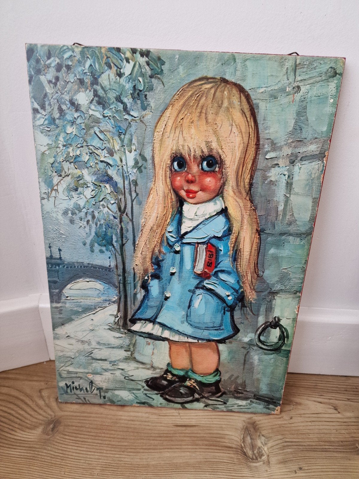 Vintage 'Big-Eye' meisje Parijs, Michel T. wanddecoratie, Ophalen of Verzenden
