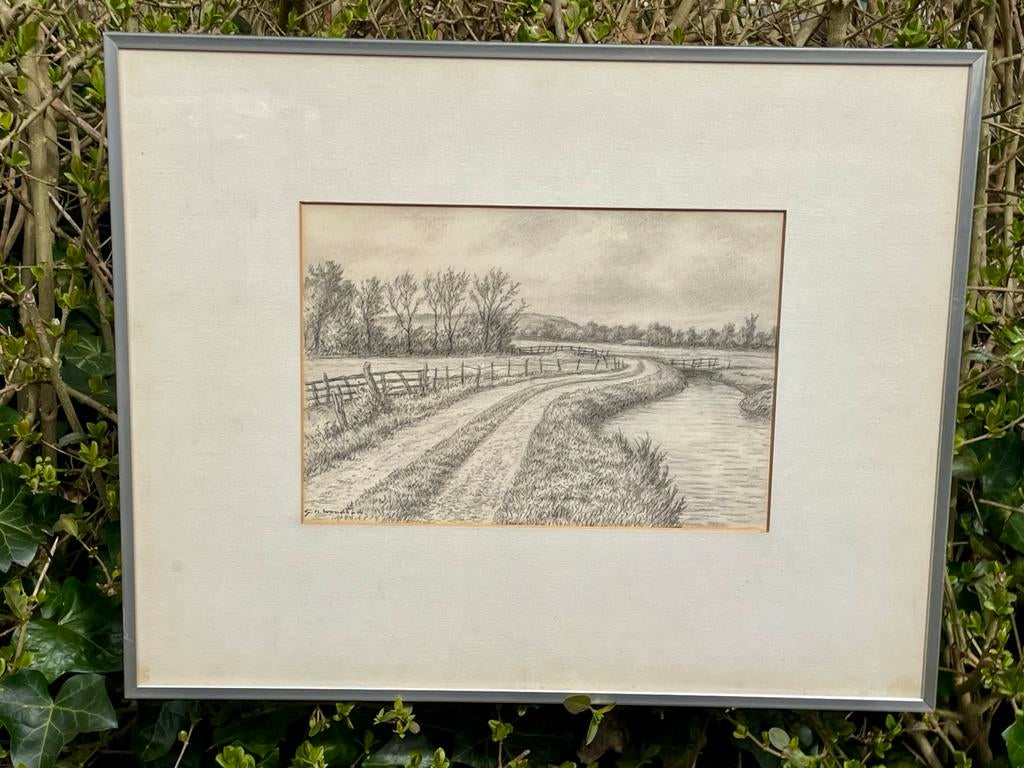 Reproductie tekening landschap water en weg G.N. Woudt 1980, Ophalen of Verzenden