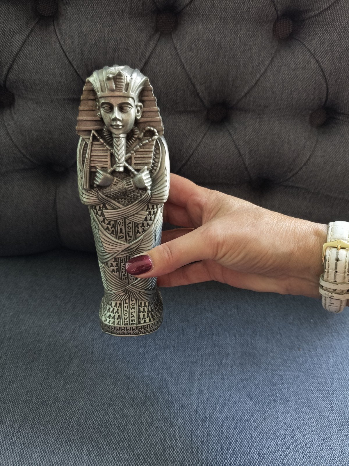 Nieuw Zilverkleurige Egyptische sarcofaag beeldje, Antiek en Kunst, Ophalen of Verzenden