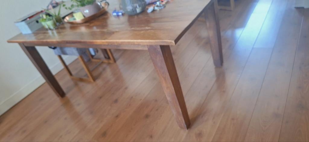 Houten eettafel met 6 grijze stoelen met handvat, Huis en Inrichting, Tafels | Eettafels, Gebruikt, Vijf personen of meer, 150 tot 200 cm