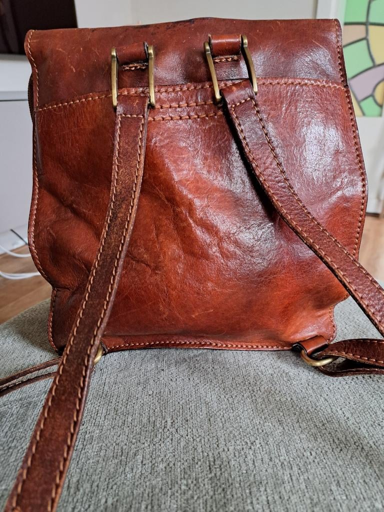Cognac leren rugzak The Bridge, Ophalen of Verzenden, Gebruikt, Leer