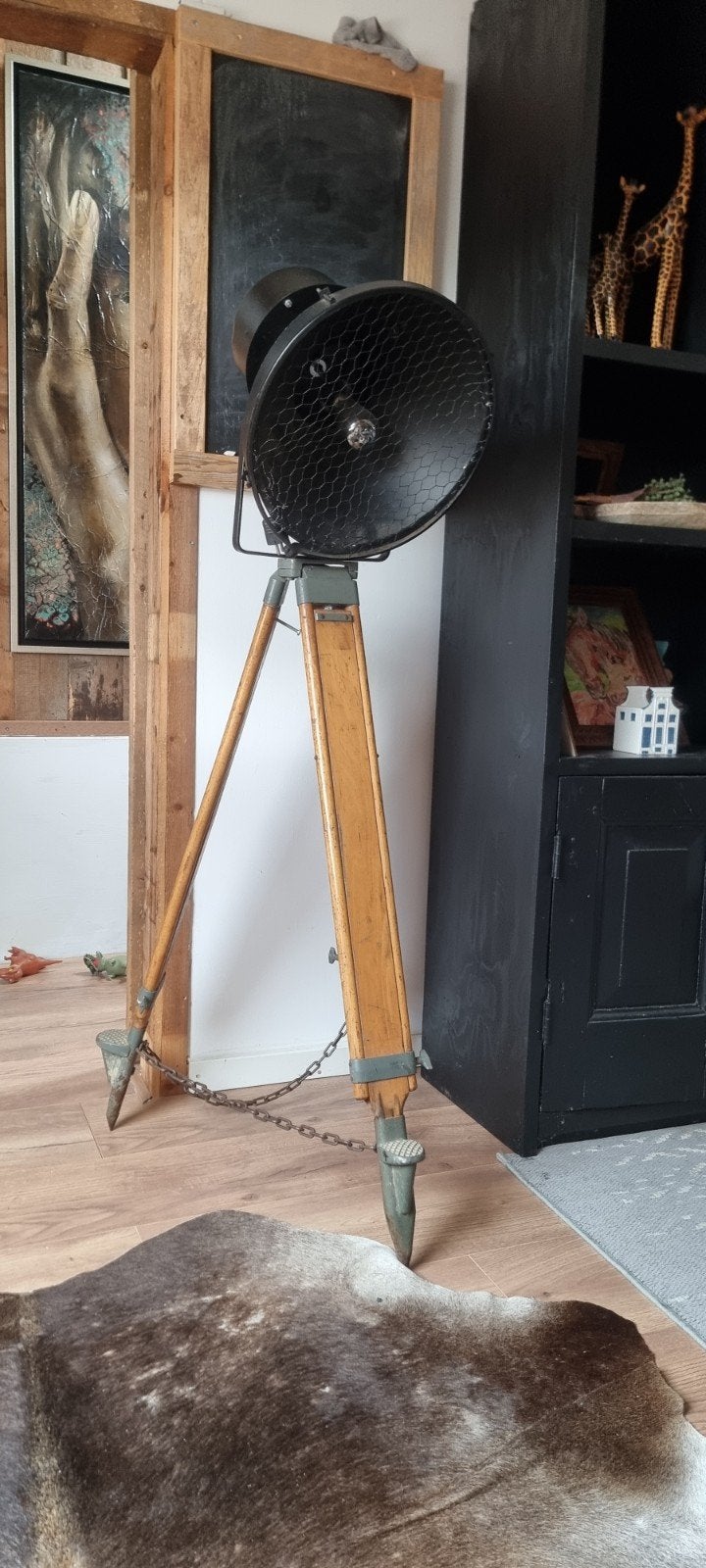 Vintage industriële lamp op statief - 150 cm hoog, Antiek en Kunst, Ophalen