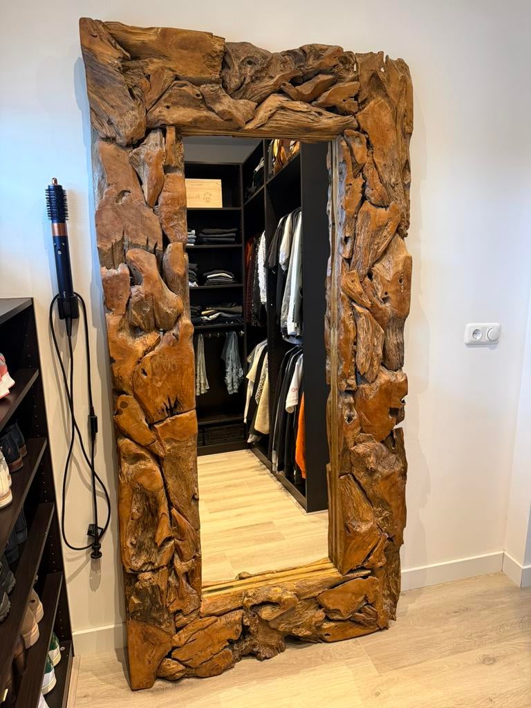 Teakhouten grote spiegel 200 x 100 cm, Huis en Inrichting, Woonaccessoires | Spiegels, Ophalen, Zo goed als nieuw, Rechthoekig