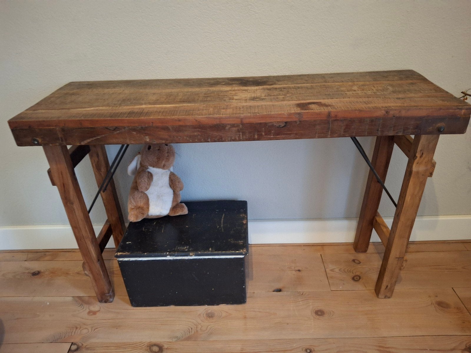 Oude houten sidetable / markttafel, Gebruikt, 100 tot 150 cm, Rustiek, Vintage, Brocante, Ophalen