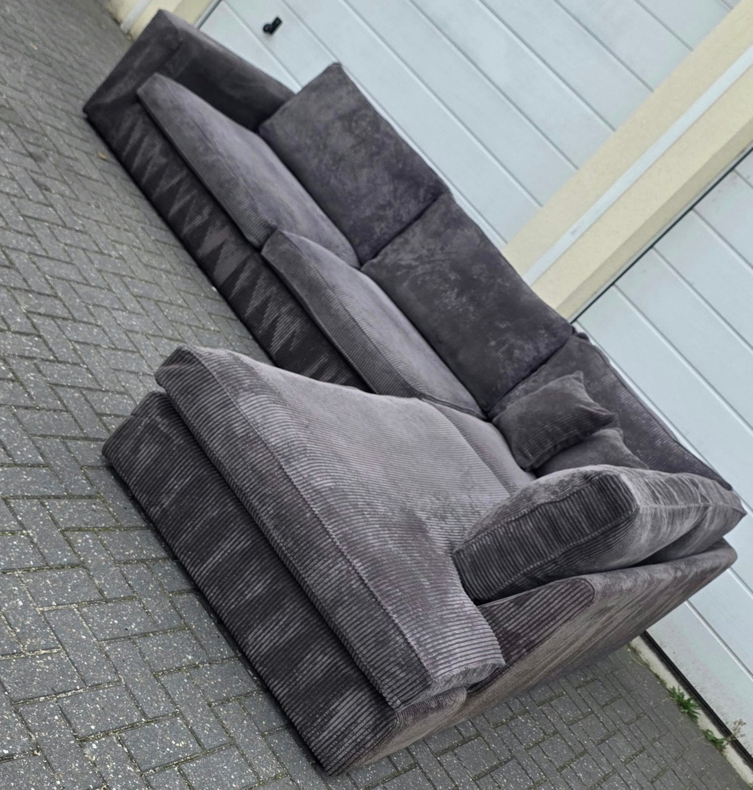 Grijze Ribstof hoekbank met bezorgen!, Huis en Inrichting, Ophalen, Zo goed als nieuw, 150 cm of meer, Vierpersoons of meer