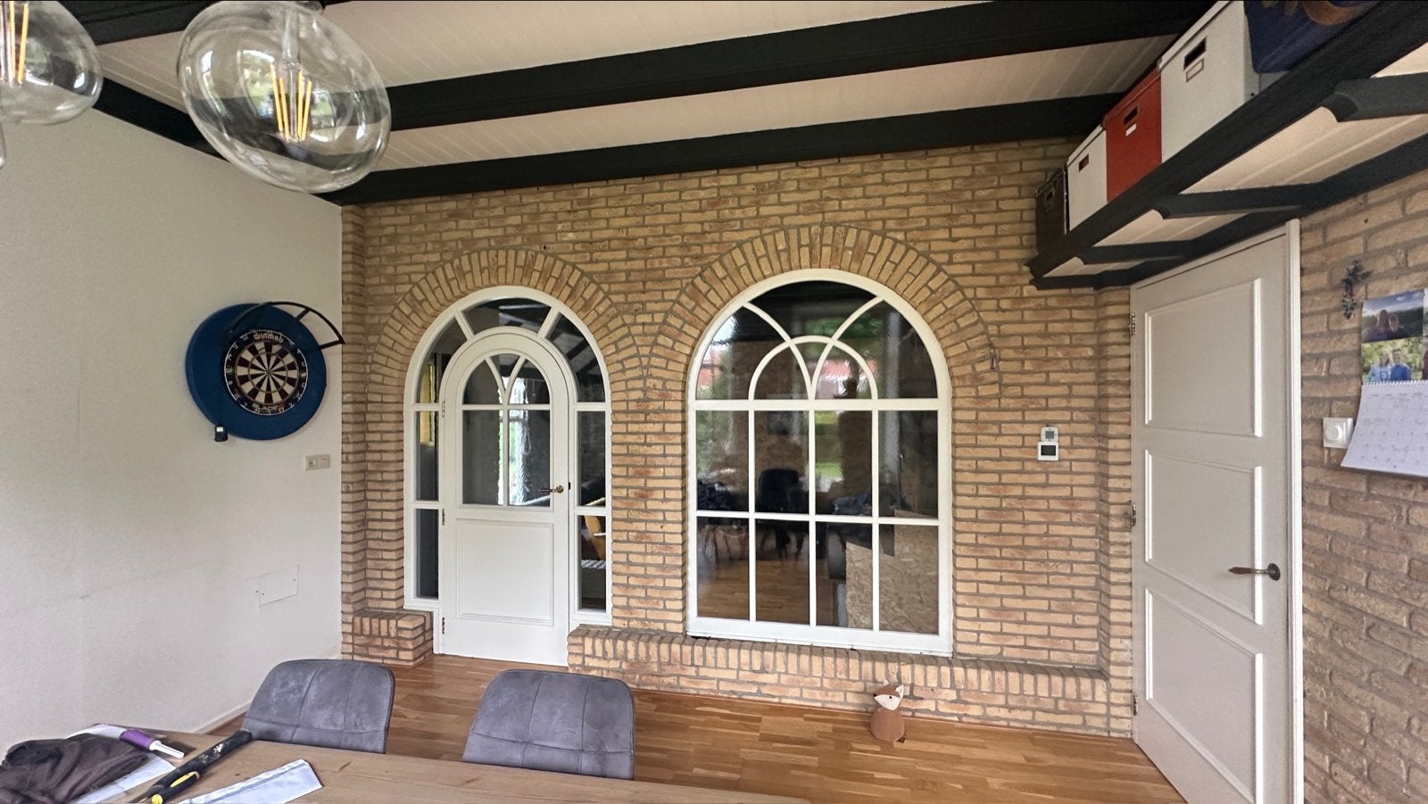 Unieke kozijnen met boog en antiek figuurglas + deur, Gebruikt, Raamkozijn, 150 tot 225 cm, Inclusief glas