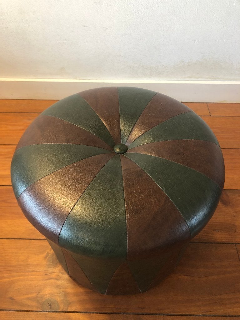 Vintage poef 2-kleurig groen-bruin, vintage design, Minder dan 50 cm, Rond, Minder dan 50 cm, Ophalen of Verzenden
