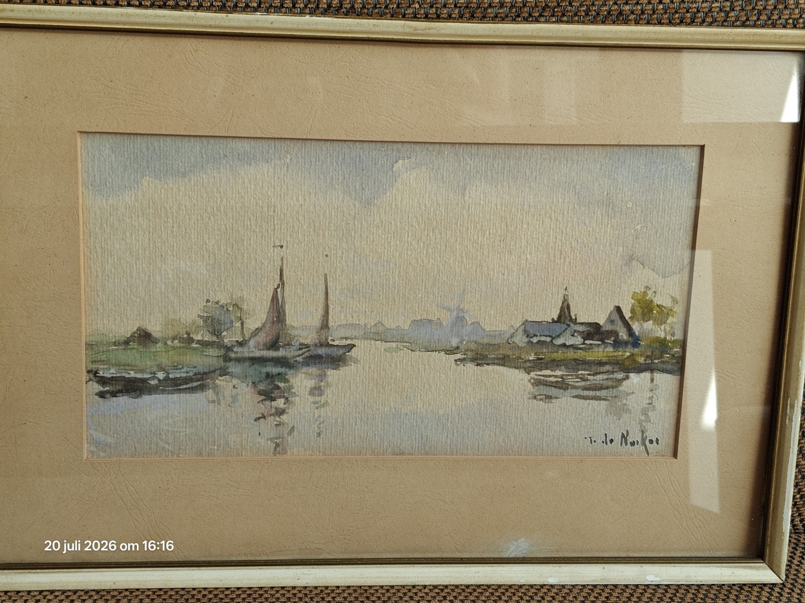 Schilderij: Frans de Nocker - Hollands landschap, Antiek en Kunst, Ophalen of Verzenden, Schilderij, Aquarel, Ingelijst