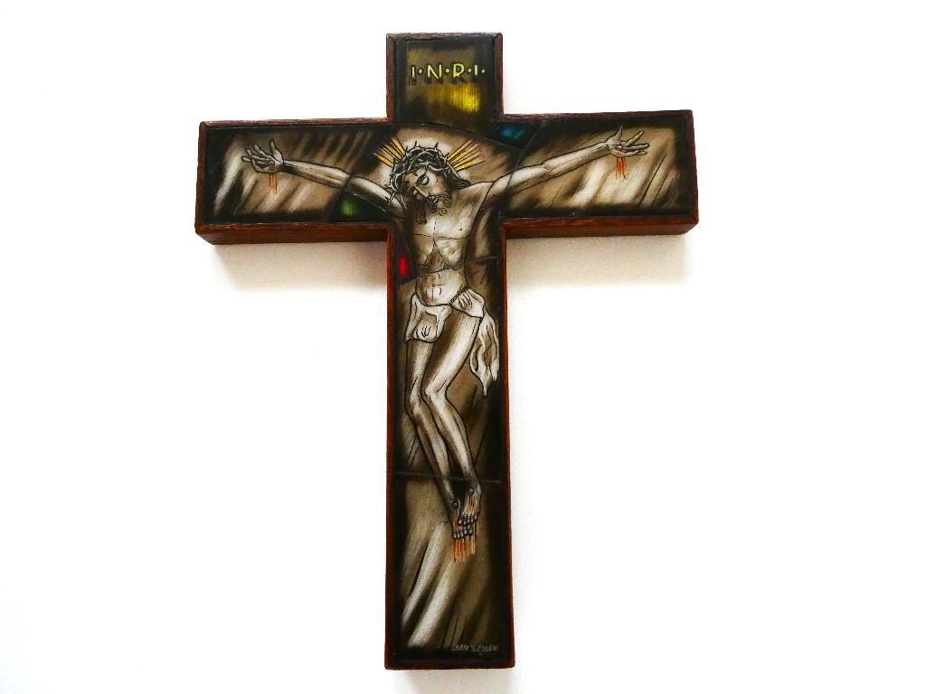 Opaline kruis Corpus Jezus Leon v/d Essen gebrandschilderd, Ophalen of Verzenden