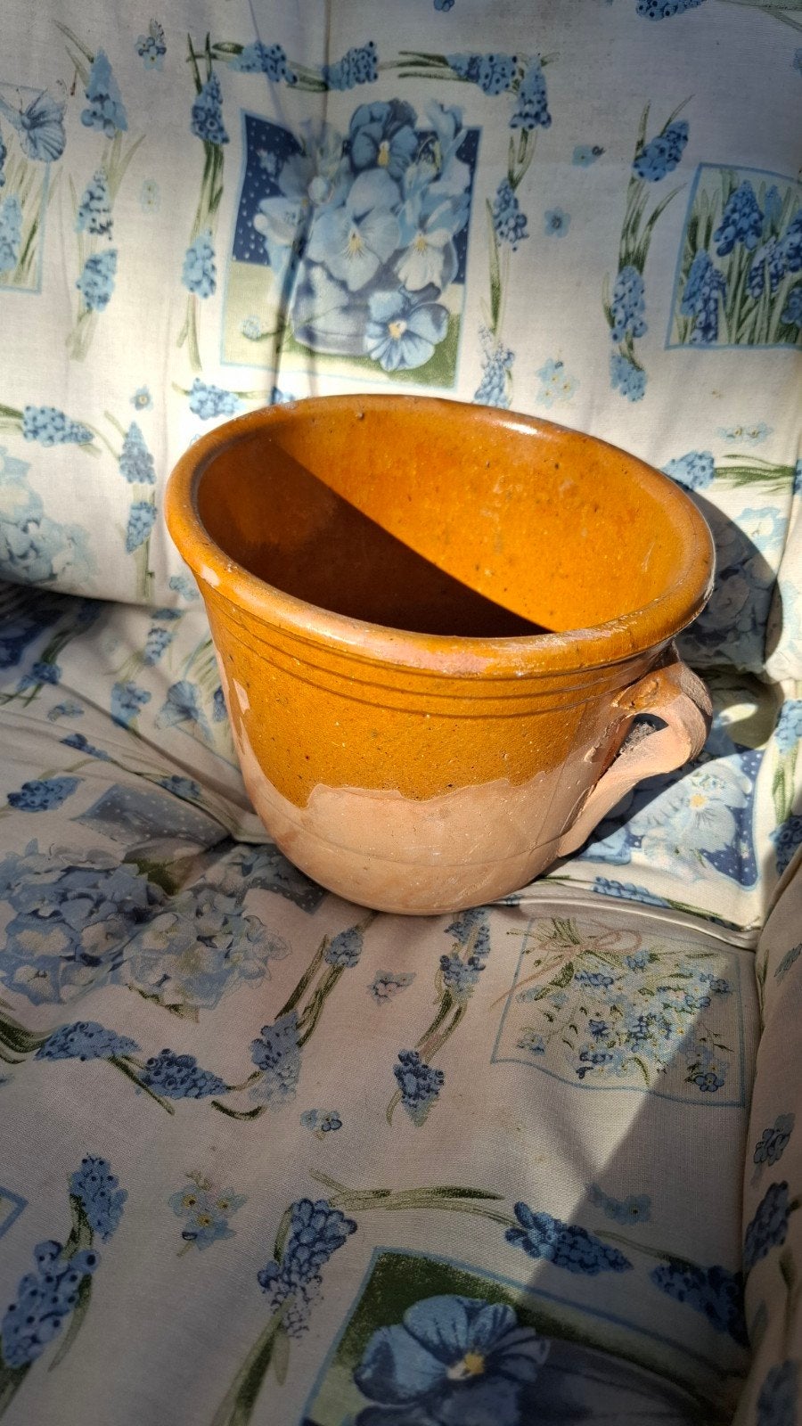 Franse confitpot aardewerk okergeel glazuur, bloempot, Tuin en Terras, Rond, Ophalen of Verzenden, Aardewerk, Minder dan 40 cm