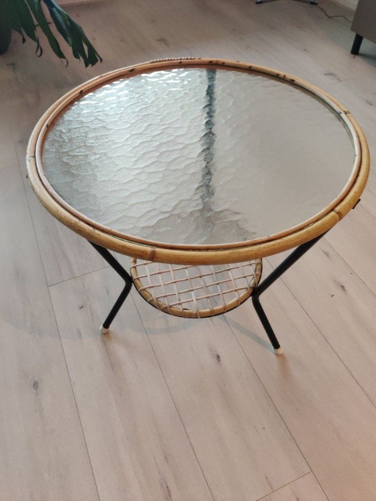 Vintage salontafel Rohé Noordwolde - rotan / bamboe jaren 60, Ophalen, Rechthoekig, 100 tot 150 cm, 50 tot 100 cm