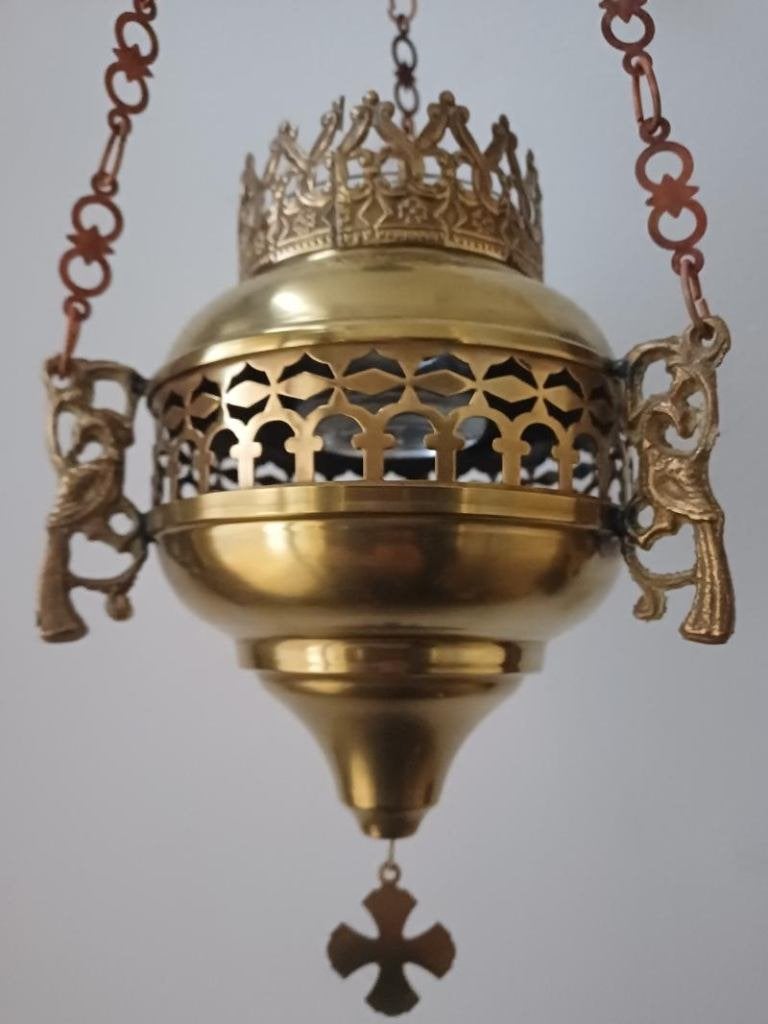 Antiek grote koperen godslamp en blank glaasje, Ophalen of Verzenden