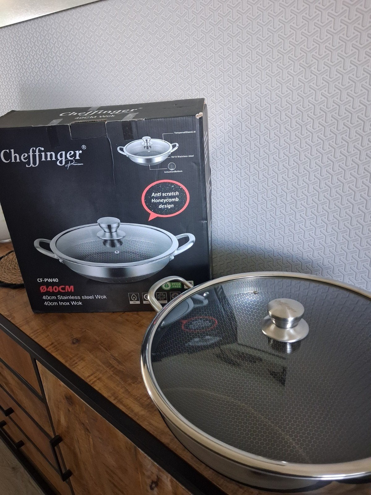 Cheffinger 40cm Wokpan met deksel helemaal nieuw, Ophalen, Rvs, Nieuw, Antiaanbaklaag