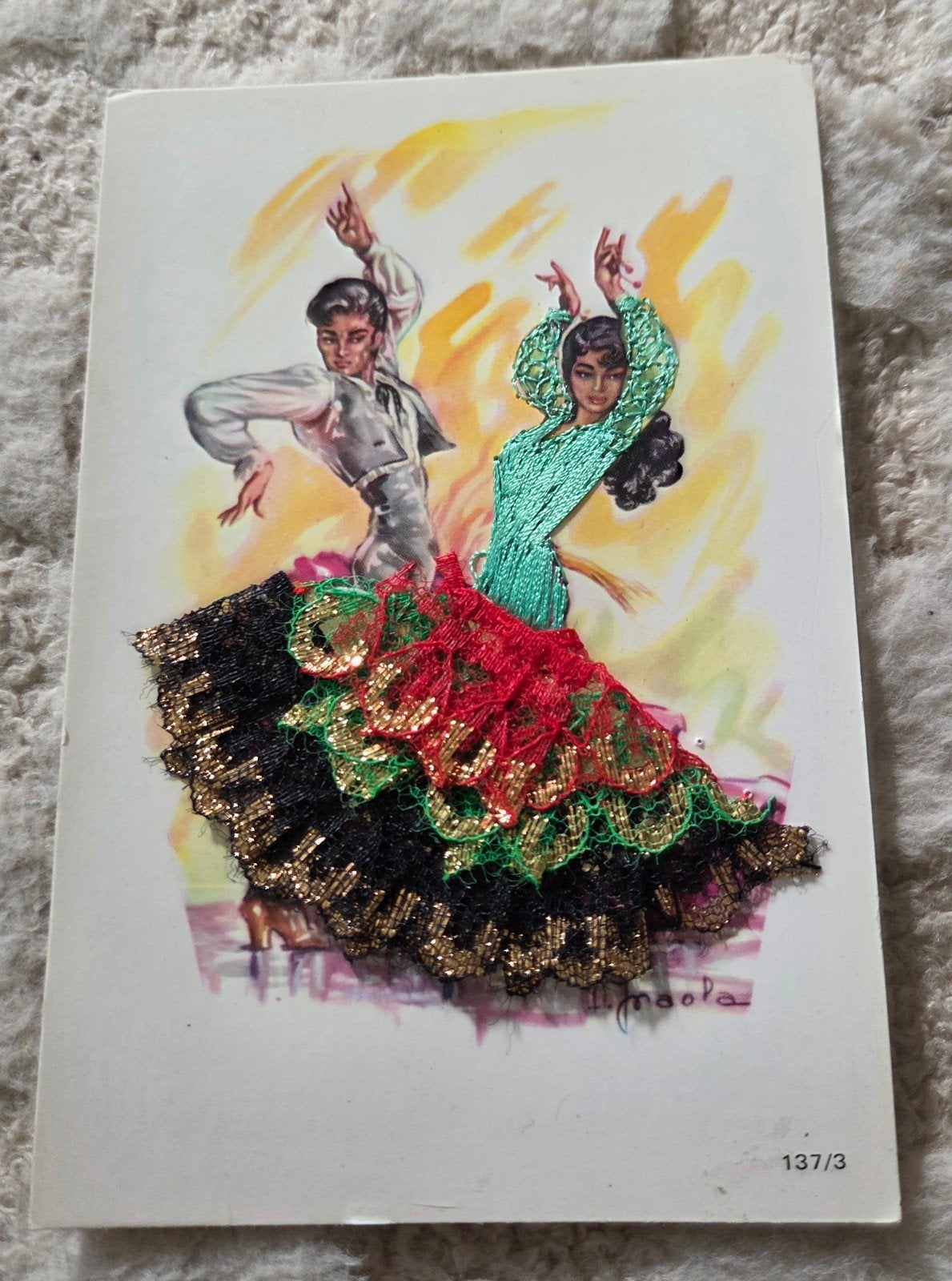Vintage Spaanse dansers ansichtkaart met textiel, Verzamelen, Verzenden, 1960 tot 1980, Gelopen, Overige thema's