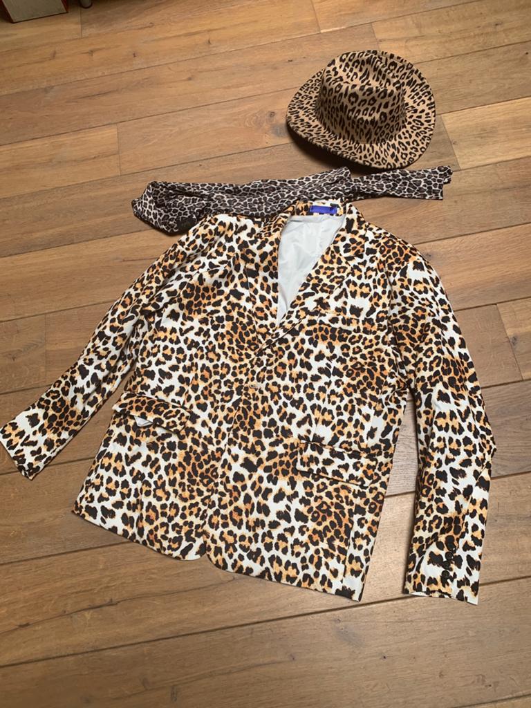 Panter colbert xxl (mt54) hoed en sjaal, Carnaval, Maat 46/48 (XL) of groter, Ophalen of Verzenden, Zo goed als nieuw