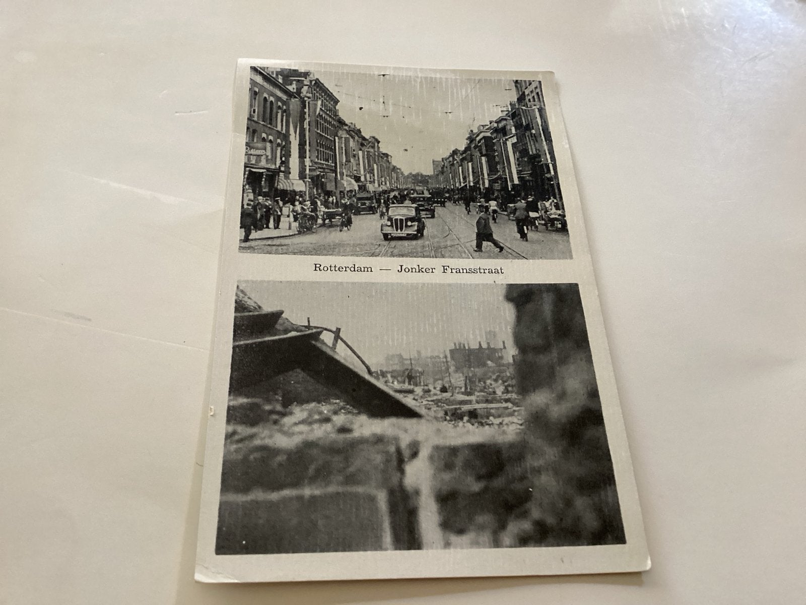 Oude ansichtkaart Rotterdam Jonker Fransstraat voor en na WO, Verzamelen, Ophalen of Verzenden, 1920 tot 1940, Gelopen, Zuid-Holland