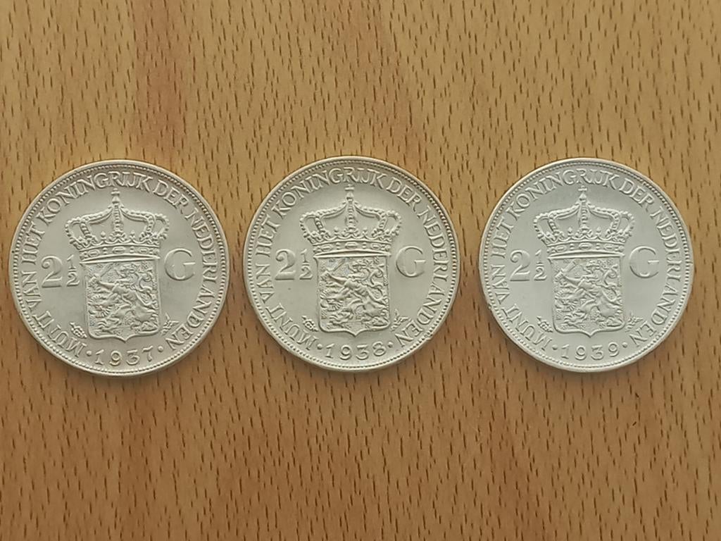 Nederland rijksdaalder 1937, 38 (grof haar) en 39, Postzegels en Munten, Munten | Nederland, Ophalen of Verzenden, Koningin Wilhelmina