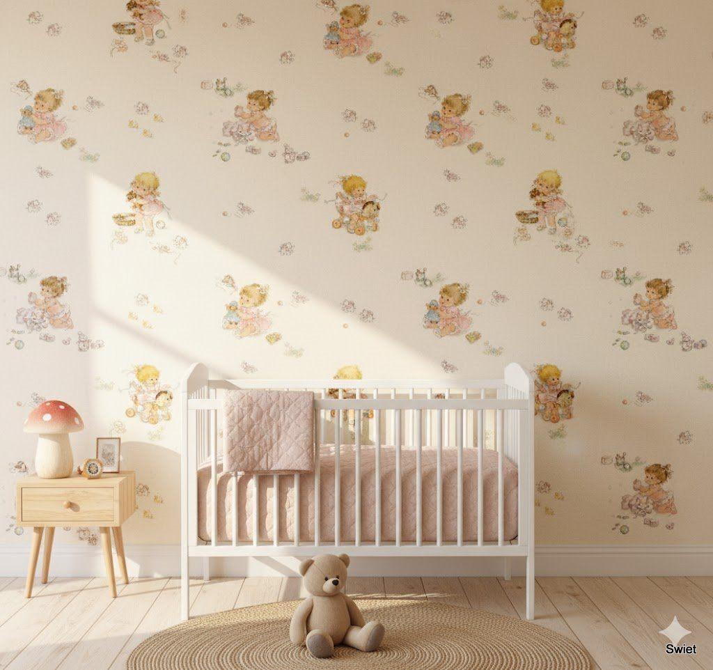 5555 Kinderbehang peuters pastel zacht retro jaren 60 swiet, Huis en Inrichting, Stoffering | Behang, Verzenden, Roze