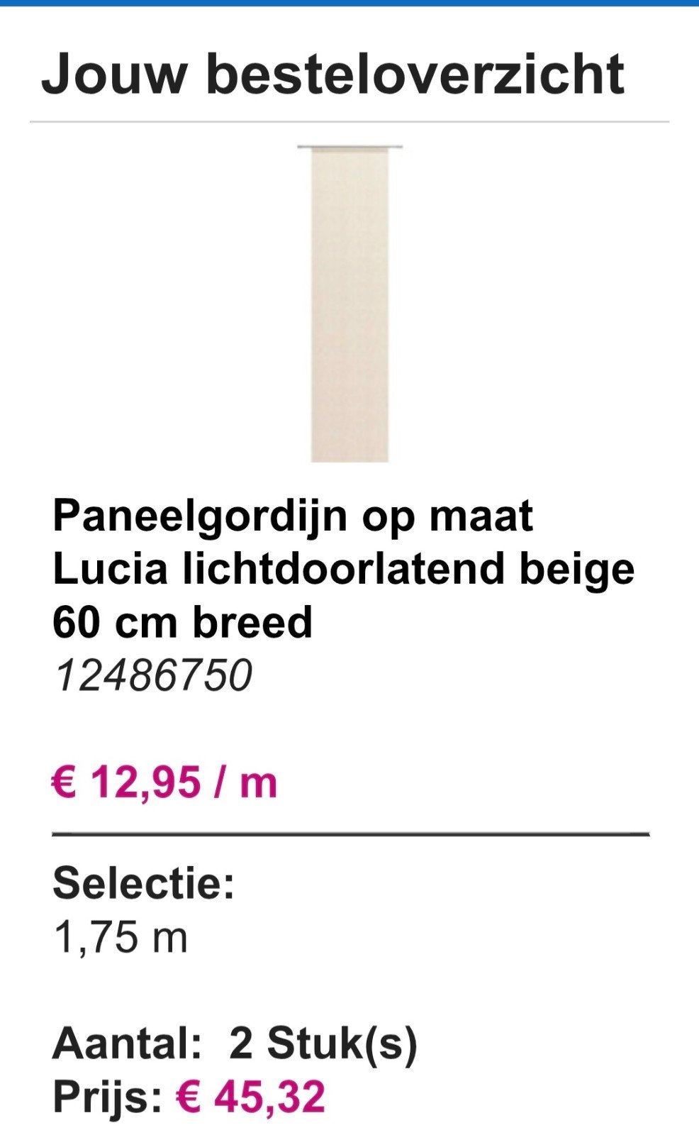 Nieuw Paneelgordijn op maat  van  Hornbach, Huis en Inrichting, Stoffering | Gordijnen en Lamellen, Ophalen, Nieuw, Beige