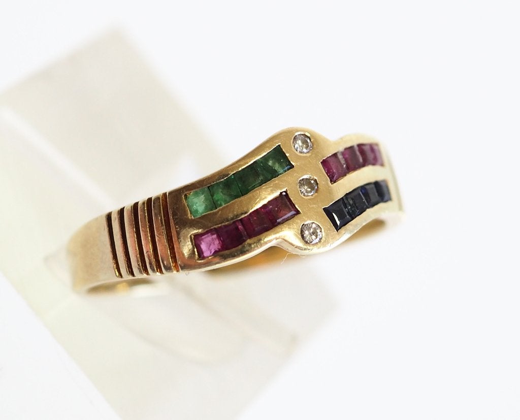 14 krt gouden ring met robijn, smaragd, diamant en saffier, 18 tot 19, ., Ophalen of Verzenden, Zo goed als nieuw