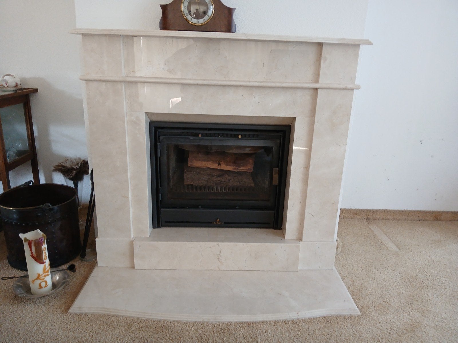 schouw marmer met Barbas Universal 60 inbouwhoutkachel, Ophalen, Gebruikt, Houtkachel, Inbouw