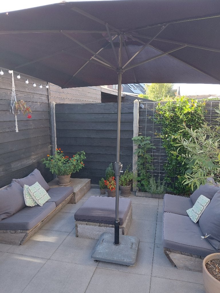 Te koop gebruikte houten loungeset incl parasol, Ophalen, 5 zitplaatsen, Gebruikt, Steigerhout