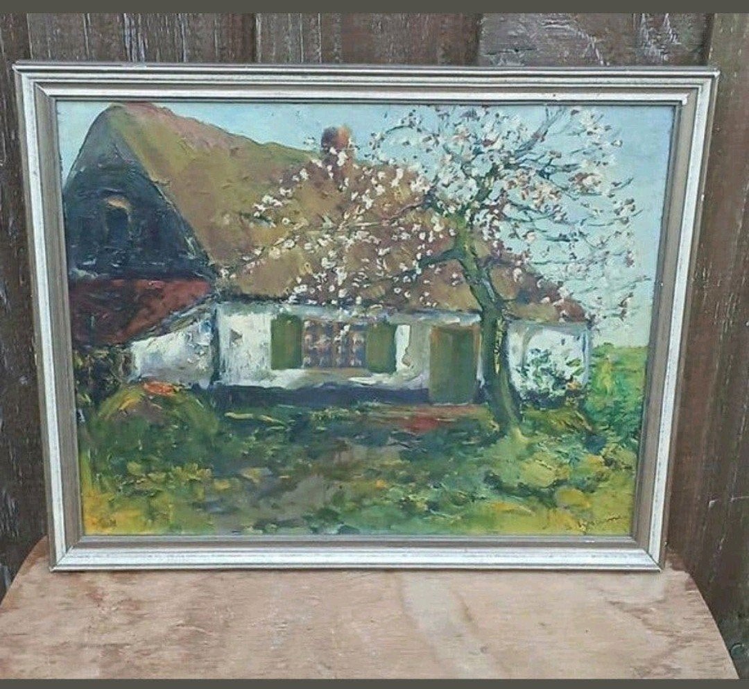 Schilderij: Huis met bloeiende boom, olieverf op canvas, Antiek en Kunst, Ophalen of Verzenden