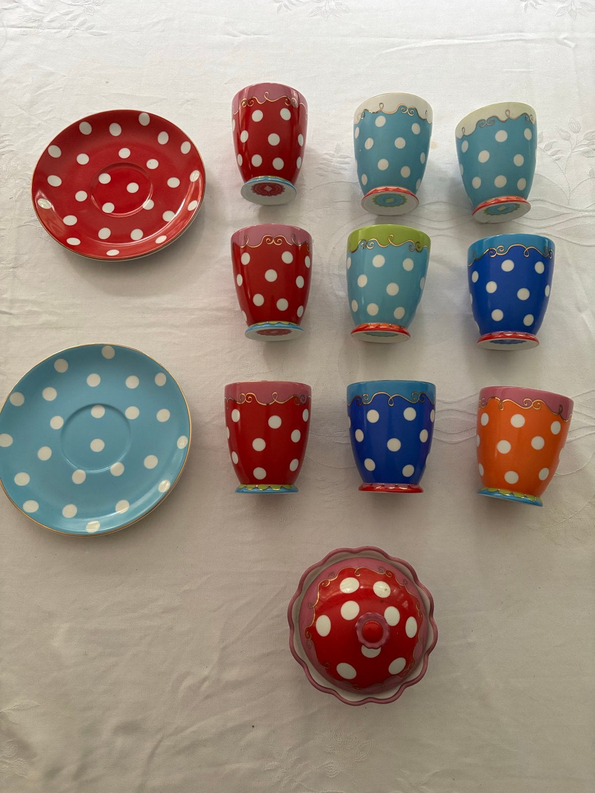 Douwe Egberts Oilily servies 9 kopjes 2 schotels suikerpot!, Gebruikt, Overige merken, Keramiek, Vintage